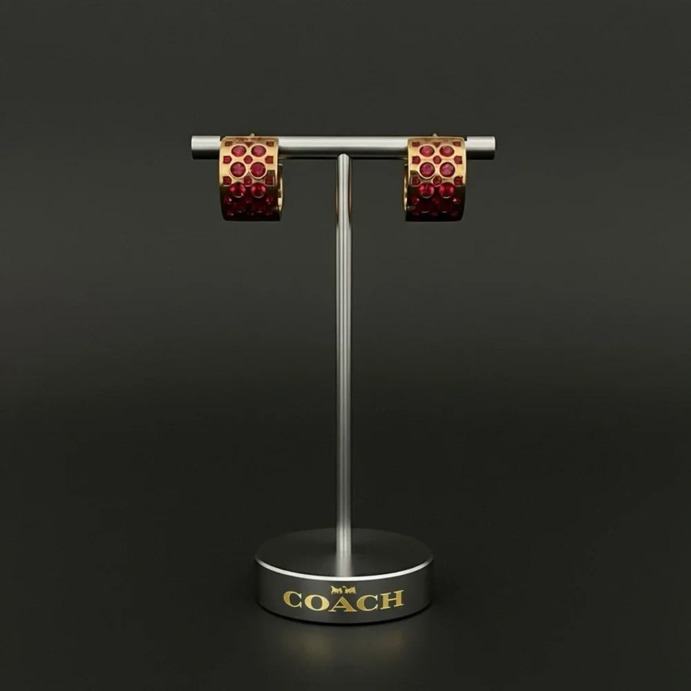 NWT Coach Signature C Huggie Earrings Red Gold Enamel Hoops C7770 - Picture 2 of 5